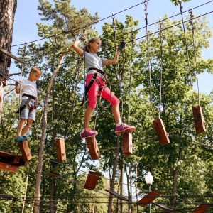 Brave kids climbs in rope park, playground